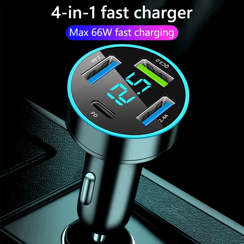 JaJaBor Car Charger 66W Type C PD QC3.0 4 Ports Fast Charging Voltage Detection Digital Display In Car Adapter Phone Charger