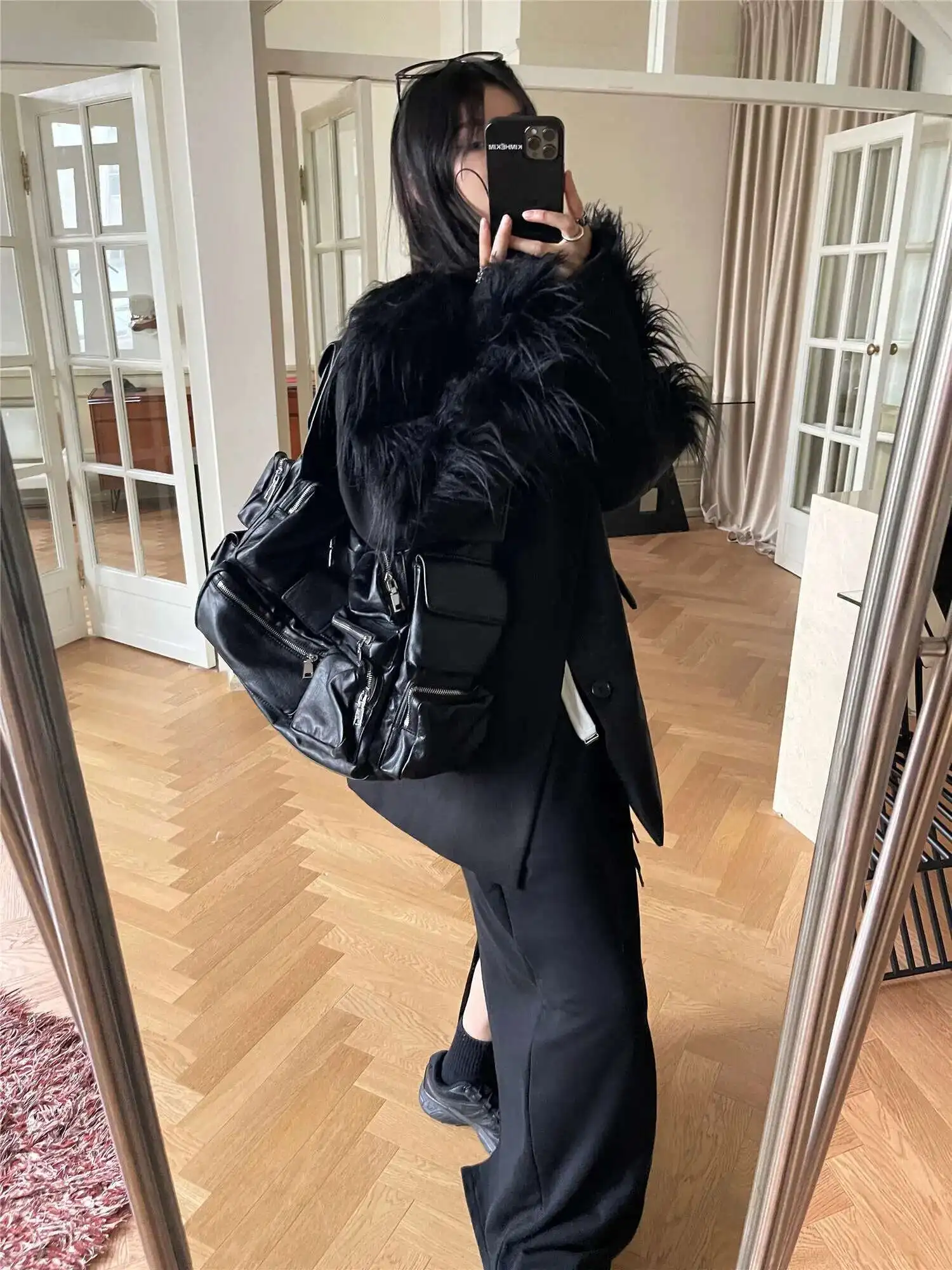 ZMEENNA Langarm Patchwork Faux Pelz Woolen Frauen Mantel 2024 Herbst Winter Mode Vielseitig Temperament Designer Anzug Jacke