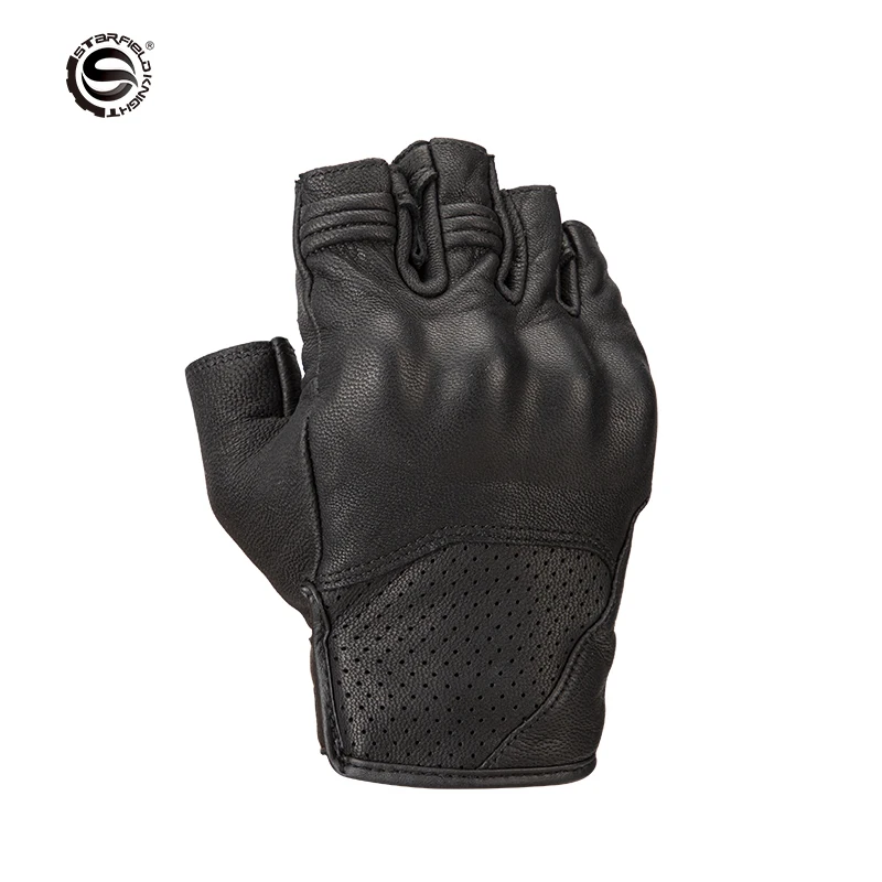 Star Field Knight Black Half Finger Motorcycle Gloves Summer Breathable Cycling Gears Real Goat Leather Gloves Wear-resistant