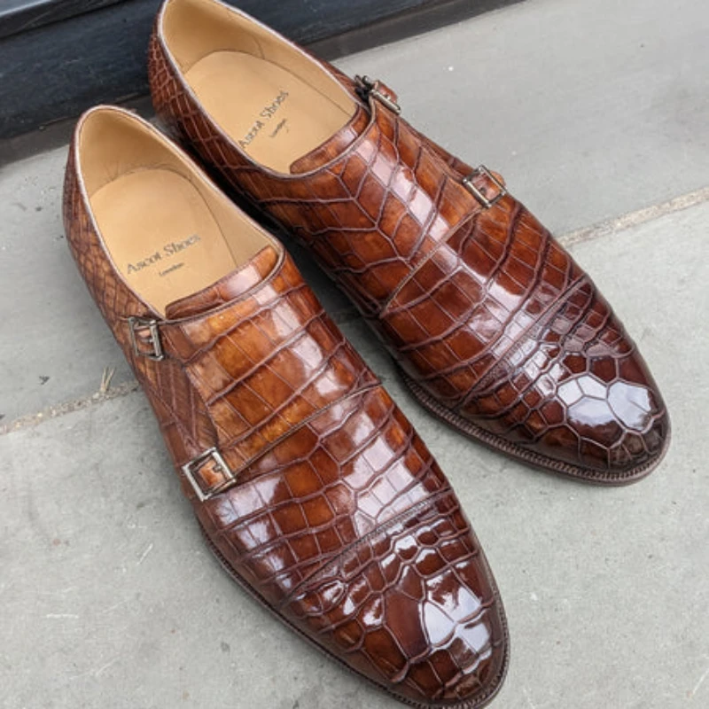 New Black Men\'s Formal Shoes Brown Crocodile Pattern Double Buckle Business  Loafers Round Toe Dress Shoes Men Size 38-48