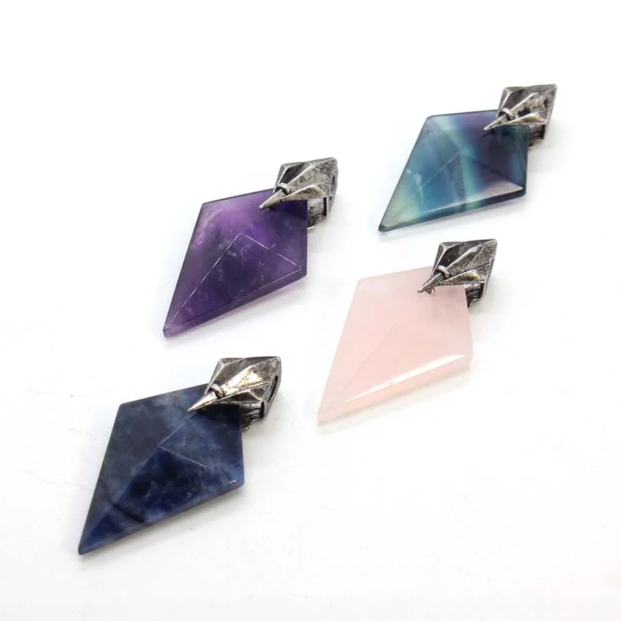 Crystal Trident Triangle Stone Pendants For Women Man Necklace DIY Natural Amethyst Fluorite Faceted Pendant Jewelry No Chain