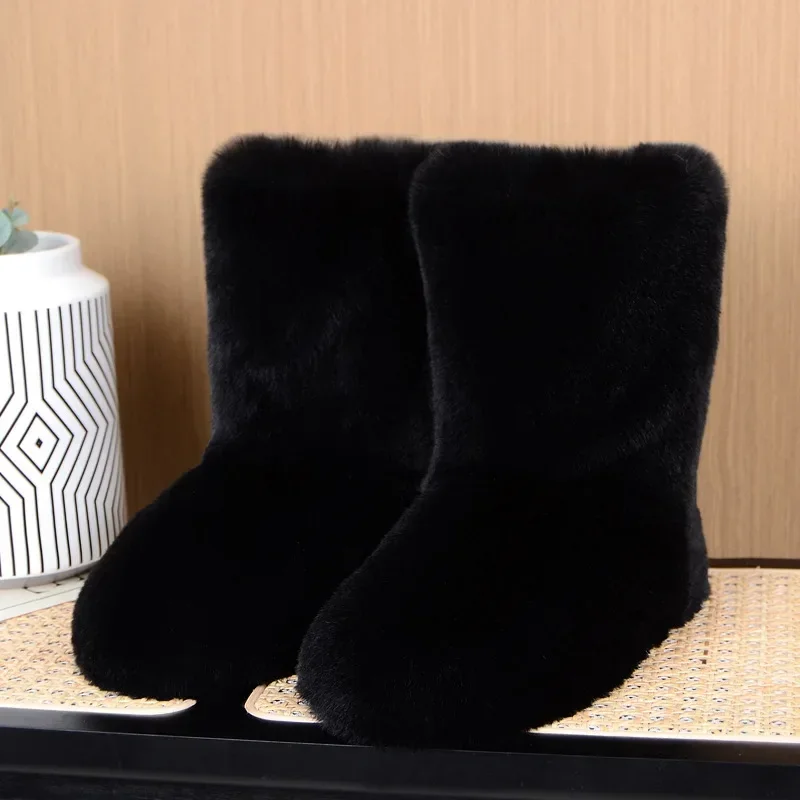 Winter Fuzzy Boots 2024 Women Furry Shoes Fluffy Fur Snow Boots Plush lining Slip-on Rubber Flat Outdoor Bowtie Warm Footwear