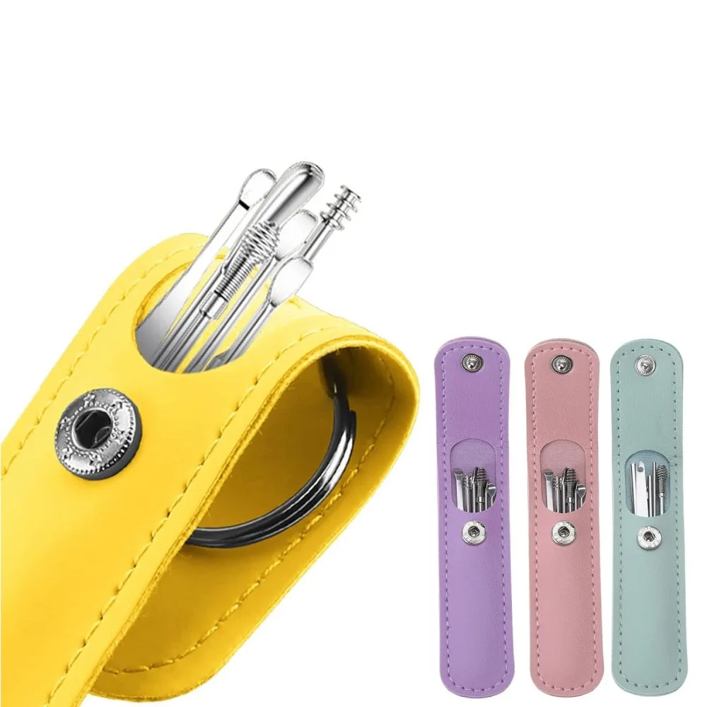 2 Sets Ear Wax Removal Tool Kit, 6 Pcs Stainless Steel Ear Pick Cleaning Tools with Pastel Leather Storage Pouch, Portable Reusable Ear Cleaner Spiral Ear Wax Remover Set for Home Personal Ear Care