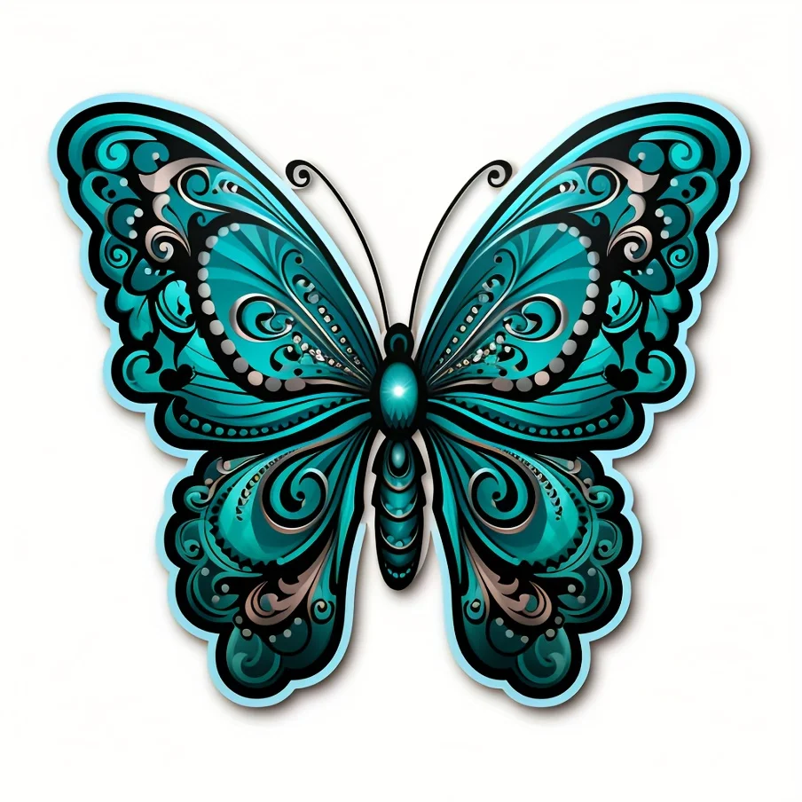 4 Pcs Set Cyan Mandala Butterfly Sticker, Waterproof Vinyl Decals for Car Window, Bumper and Laptop Decoration view 3