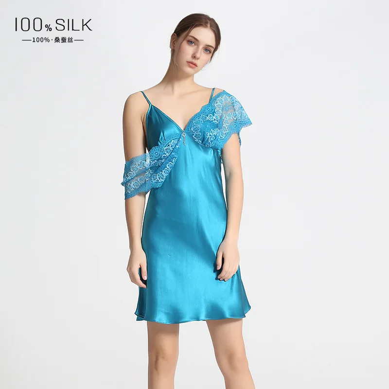 

19MM 100% Mulberry Silk Women's Sleepwear Lace Nightgown Casual Sleeveless Slip Night Dress Sexy Nightdress V-neck Chemise Dress