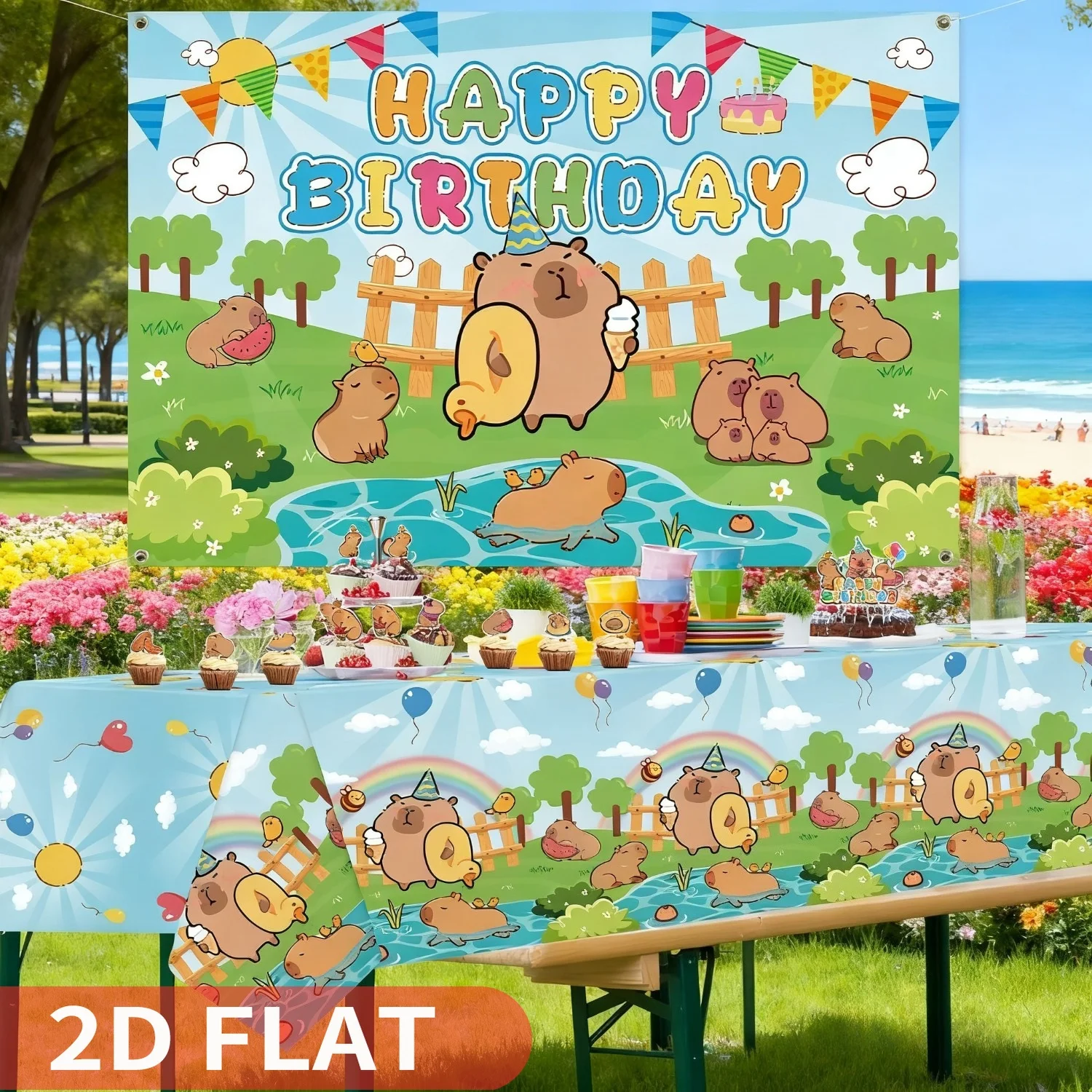 

Capybara Birthday Flag Party Decorations, Durable Polyester Fabric, Cute Capybara & Floral Design with Happy Birthday Text