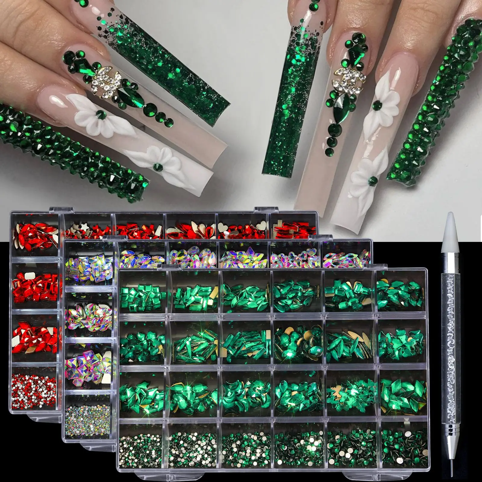 

24 Grids Christmas Nail Art Rhinestones Set - Multi-Shapes Colorful Flatback Diamonds, 3D Sparkling Charms for Festive Manicures