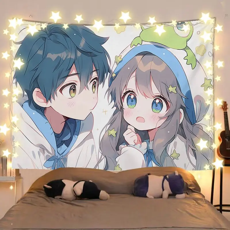 VIKAMA Forest Frog Campus Couple Tapestry, Fresh Anime Aesthetic Wall Hanging for Bedroom Living Room Dorm Decor