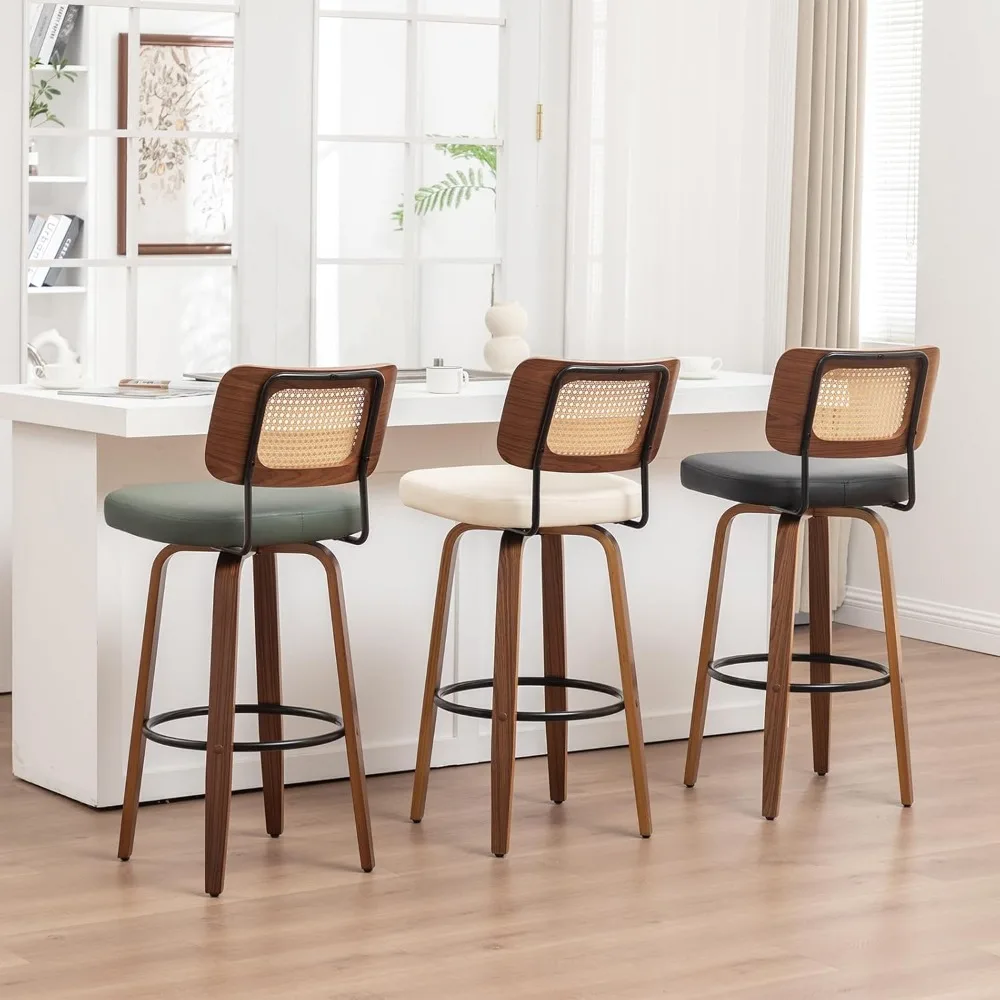 Rattan Swivel Bar Stools with Walnut Craftsmanship, Curved Rattan Back, Upholstered Seat, Mid Century Modern Bar Stools