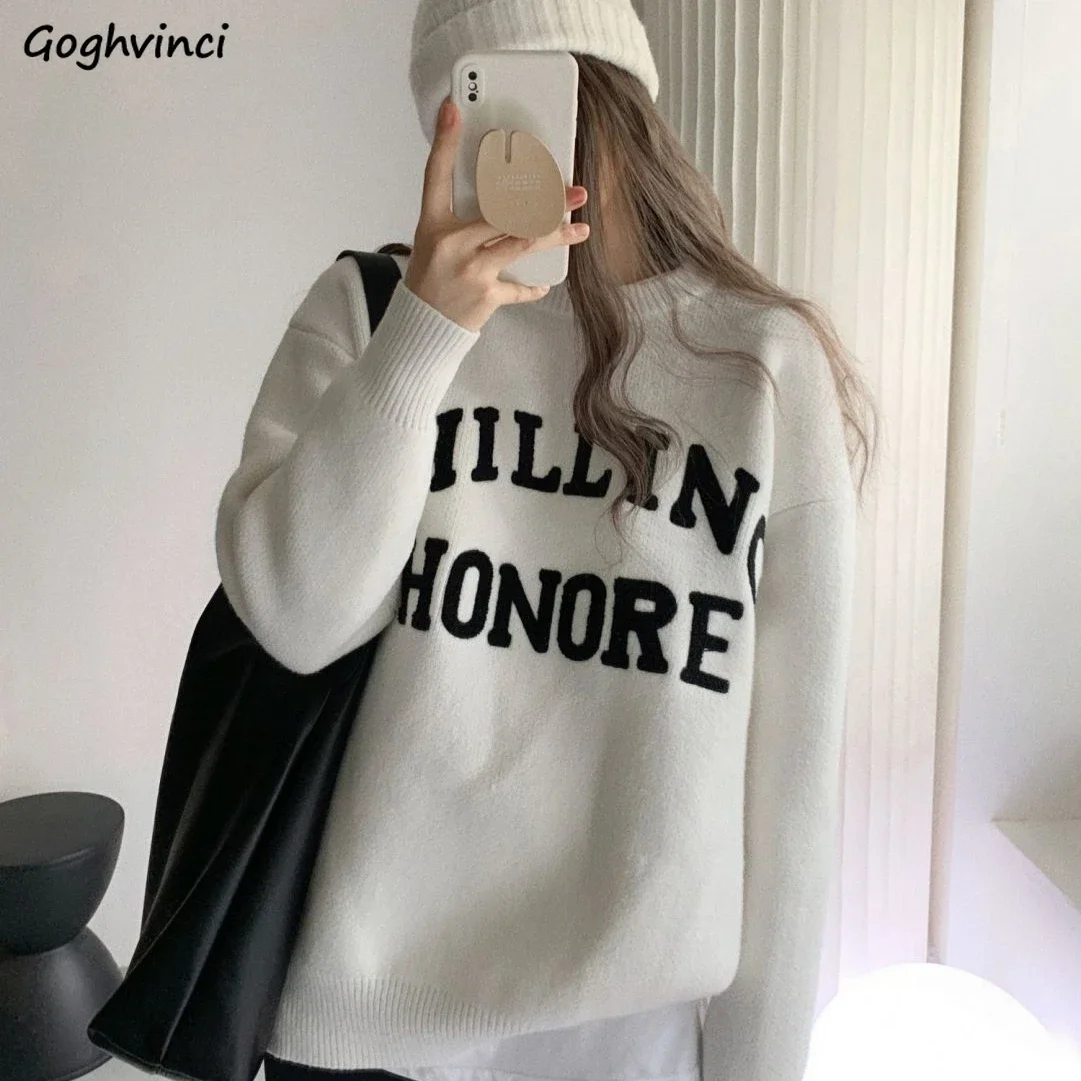 

Pullovers Women O-neck Gentle American Vintage Chic Autumn Winter Loose Fit Lazy Style Knitwear Letter Embroidery Sweaters Cozy
