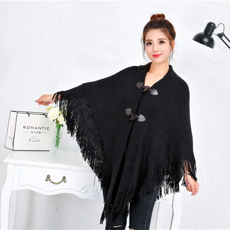 

Spring Autumn New Style Shawl Cape Tassel Ox Horn Buckle Solid Color Irregular Double-Layer Tassel Cloak Shawl Sunscreen Black