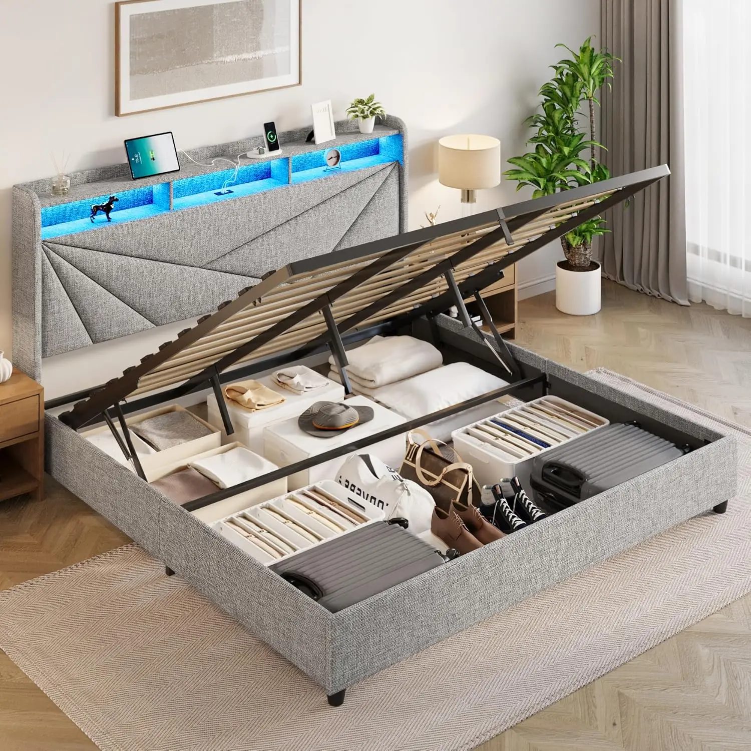 King Size Bed Frame With Storage, Lift Up Upholstered King Bed Frame With Charging Station And Led Lights Headboard, No Box