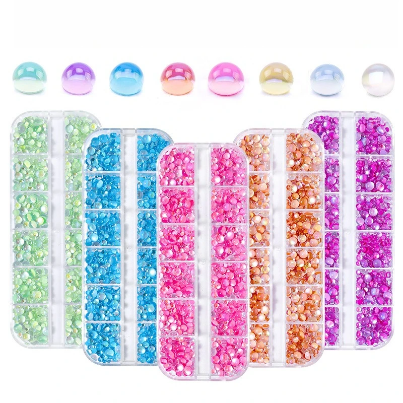 12 Grid Aurora Nail Rhinestone Charms Mixed Round Flat-back Bead Set Nail Diamond Jewelry 3D Nail Decoration DIY Accessories
