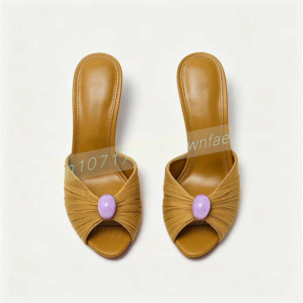 Women High Heel Slippers Open Toe Mule Shoes Slip On Stiletto Heels Mesh Upper Pleated Detail Fashion Party Evening Dress Shoes