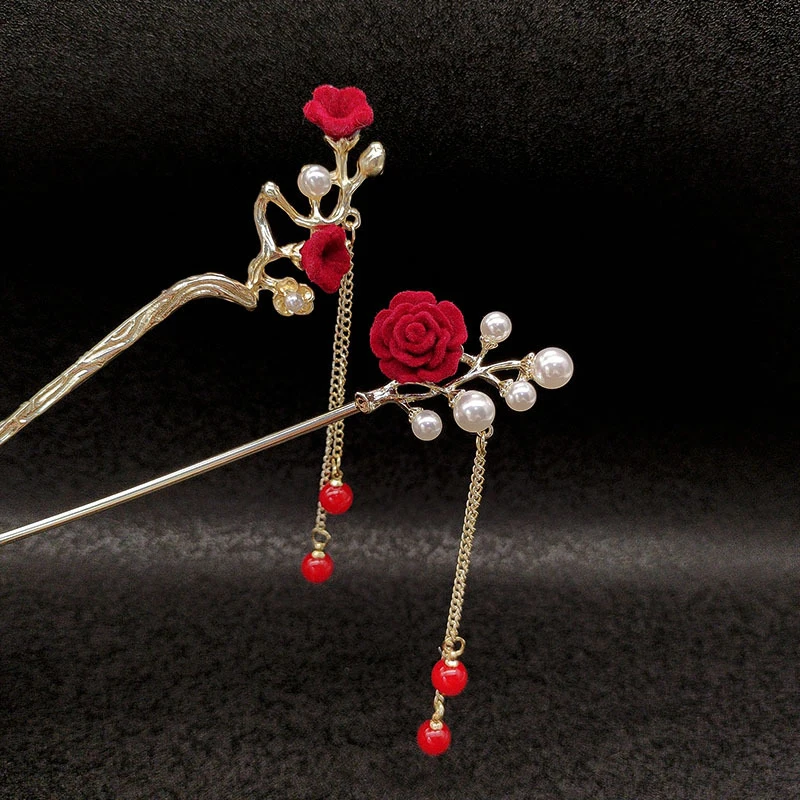 New Chinese Style Red Rose Fringe Hairpin Vintage Rose Hair Sticks Hairwear For Women Hair Fork Disk Hair Chopsticks Headdress