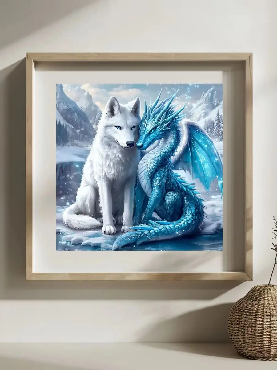 1 Stück 30x30 cm/11,8 Zoll, 11Ct/14Ct Kreuzstich-Set, DIY Valentinstagsgeschenk, Stickerei-Set für Festlichkeiten, Weißer Wolf und Eisdrache – Detail 1