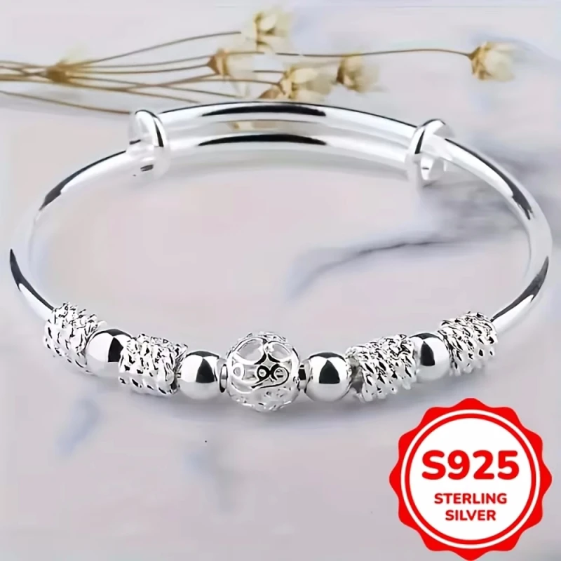 925 Sterling Silver Beaded Bangle for Women, Stylish and Elegant Adjustable Bangle, Party Gift Accessory Jewelry