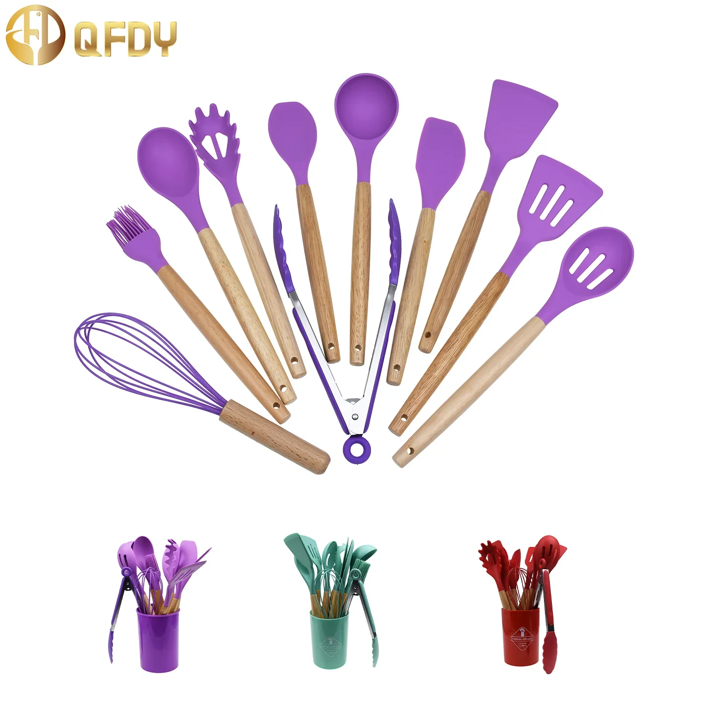 

Kitchen Cooking Tool 12Pcs Silicone Cooking Utensils Set Non-stick Cookware Spatula Shovel Egg Kitchenware Beaters Wooden Handle