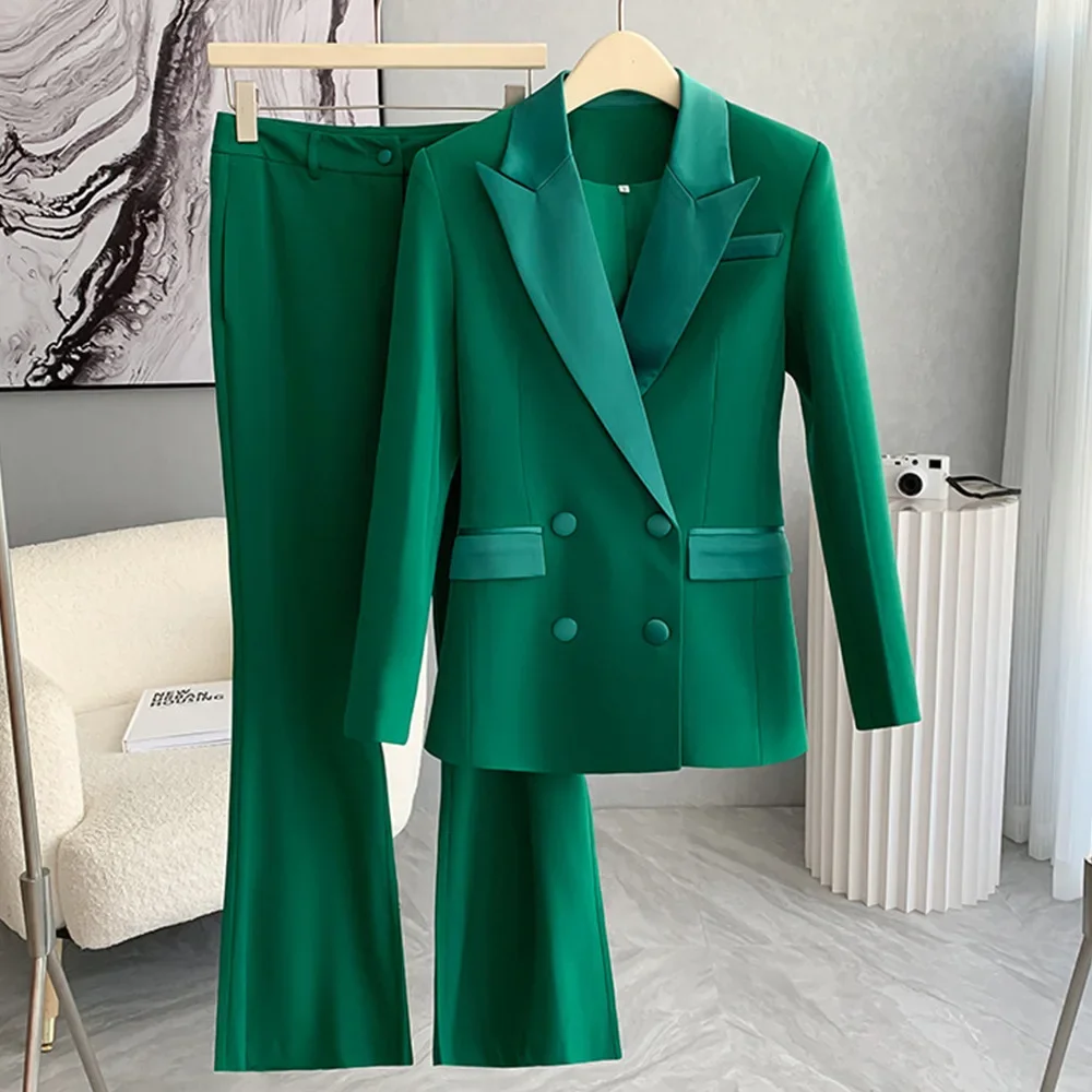 Green Women Suits Set 2 Pieces Blazer+Pants Cotton Jacket Female Spring Office Lady Work Wear Coat Single Breasted Prom Dress