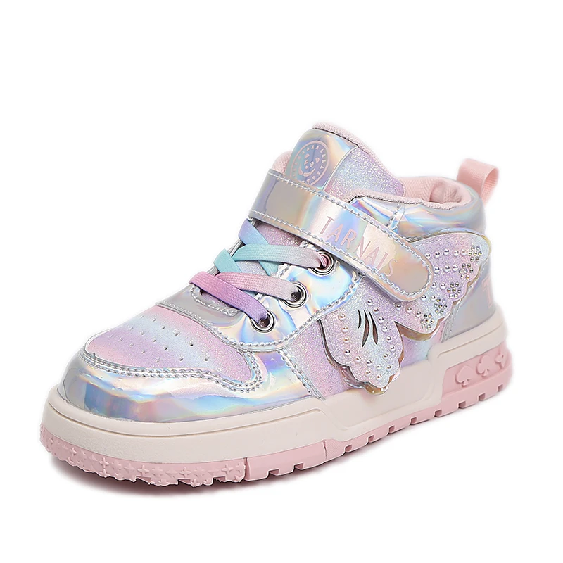 

New Girls Pu Leather Sneakers Fashion Side Cute Wings Design Kids Casual Shoes Lightweight Non-slip School Kids Sport Footwear