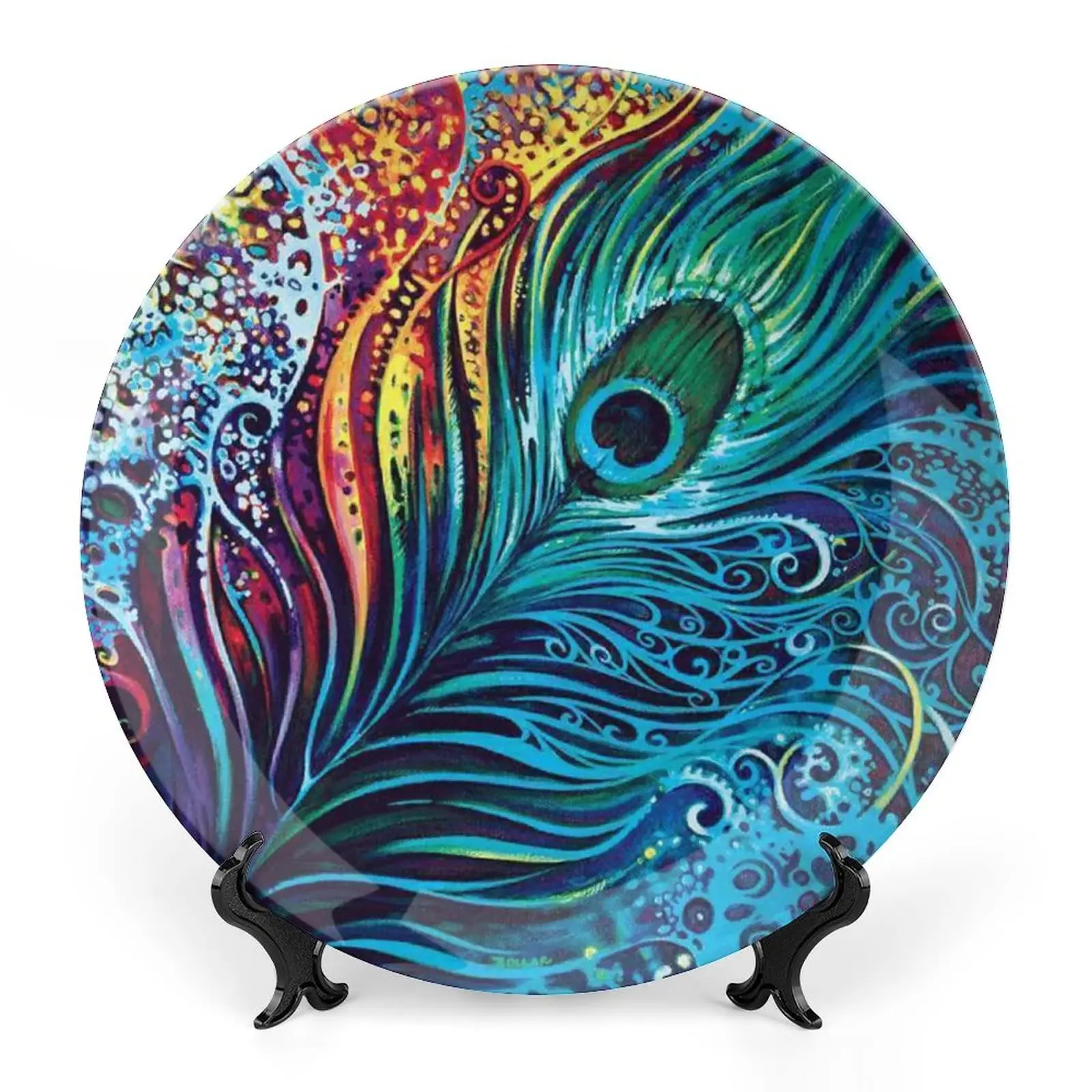 Decorative Peacock Feather Bone China Decorative Plate Personality Ceramic Dinner Plate Crafts with Display Stand Multicolor