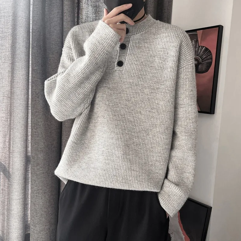 

American Lazy Sle Retro Henry Collar Sweater Cleanfit Single Button High End Warm Knitted Coat for Men Casual Loose Fit