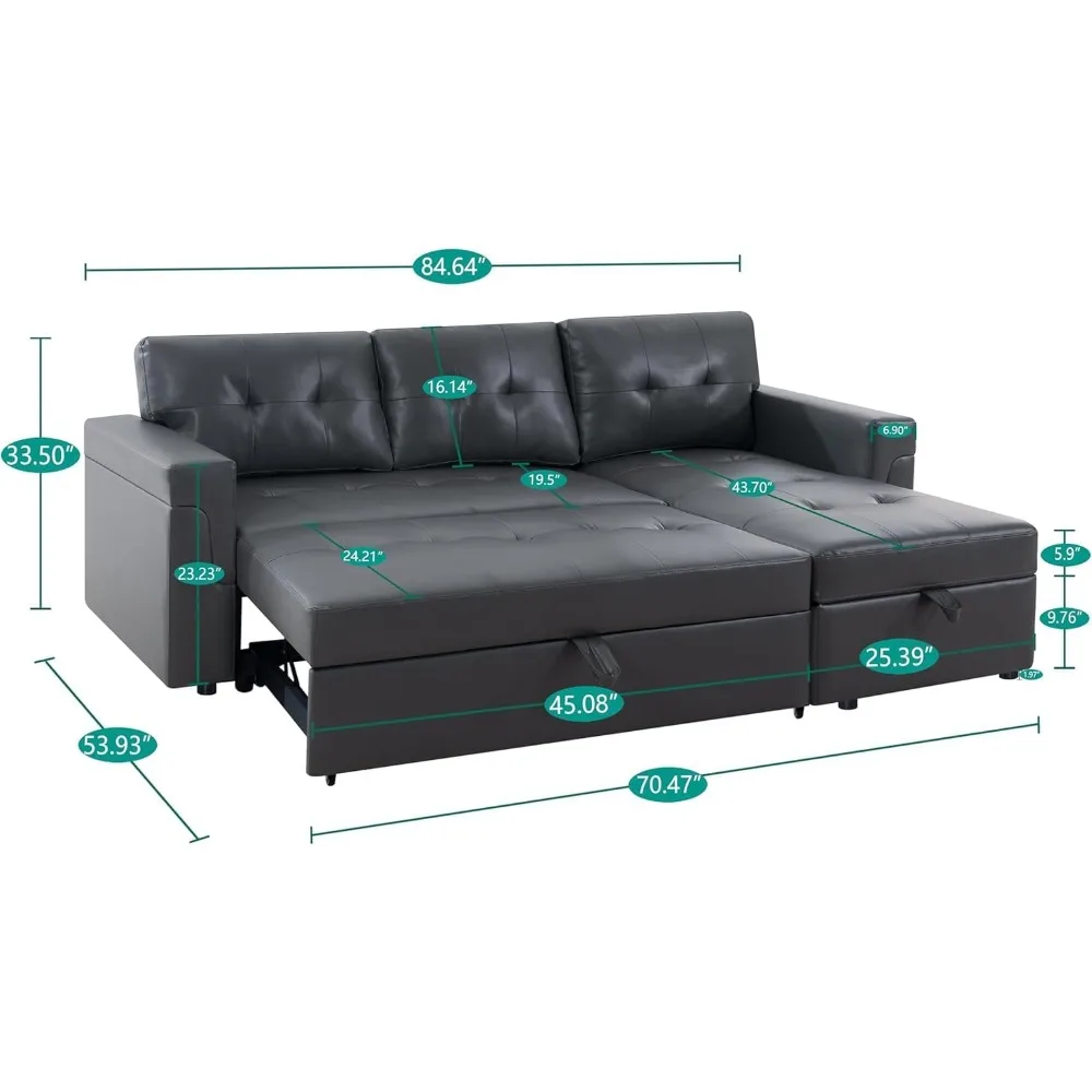 Jenny Tufted Sectional Sofa Sleeper with Storage Chaise, Pull-Out Couch with Storage, Sectional Sofa Bed, L-Shaped Reversible