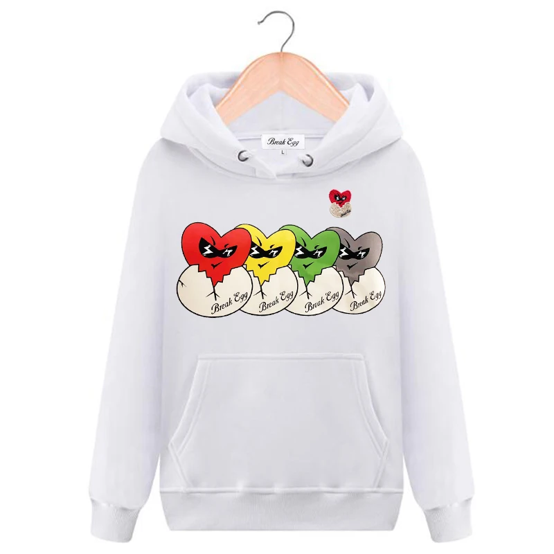 

Break Egg Men Women Hoodie Heart Eggshell Embroidery Colorful Heart Print Pullover Pocket Fleece Loose Casual Autumn Sweater