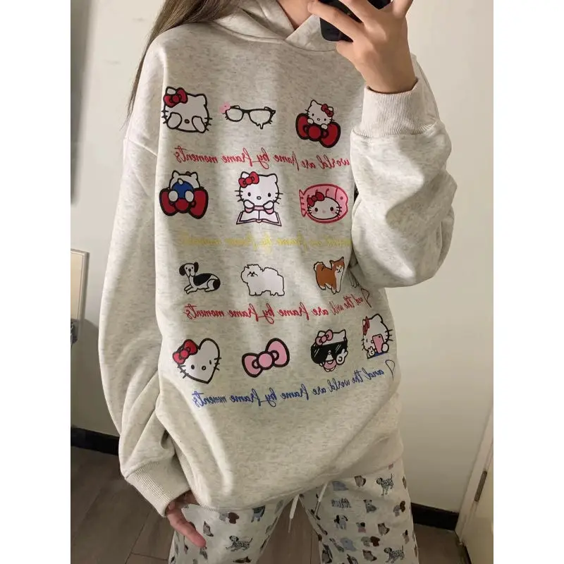 Hello Kitty-Sweat à capuche imprimé dessin animé pour femme, pulls décontractés, haut mignon, doux et mignon, style coréen, mode automne et hiver, Niche At