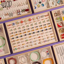 Bamboo-wood Beige Flannelette Jewelry Display Ring Necklace Ears for Jewelry Counter Night Market Storage Box Earrings