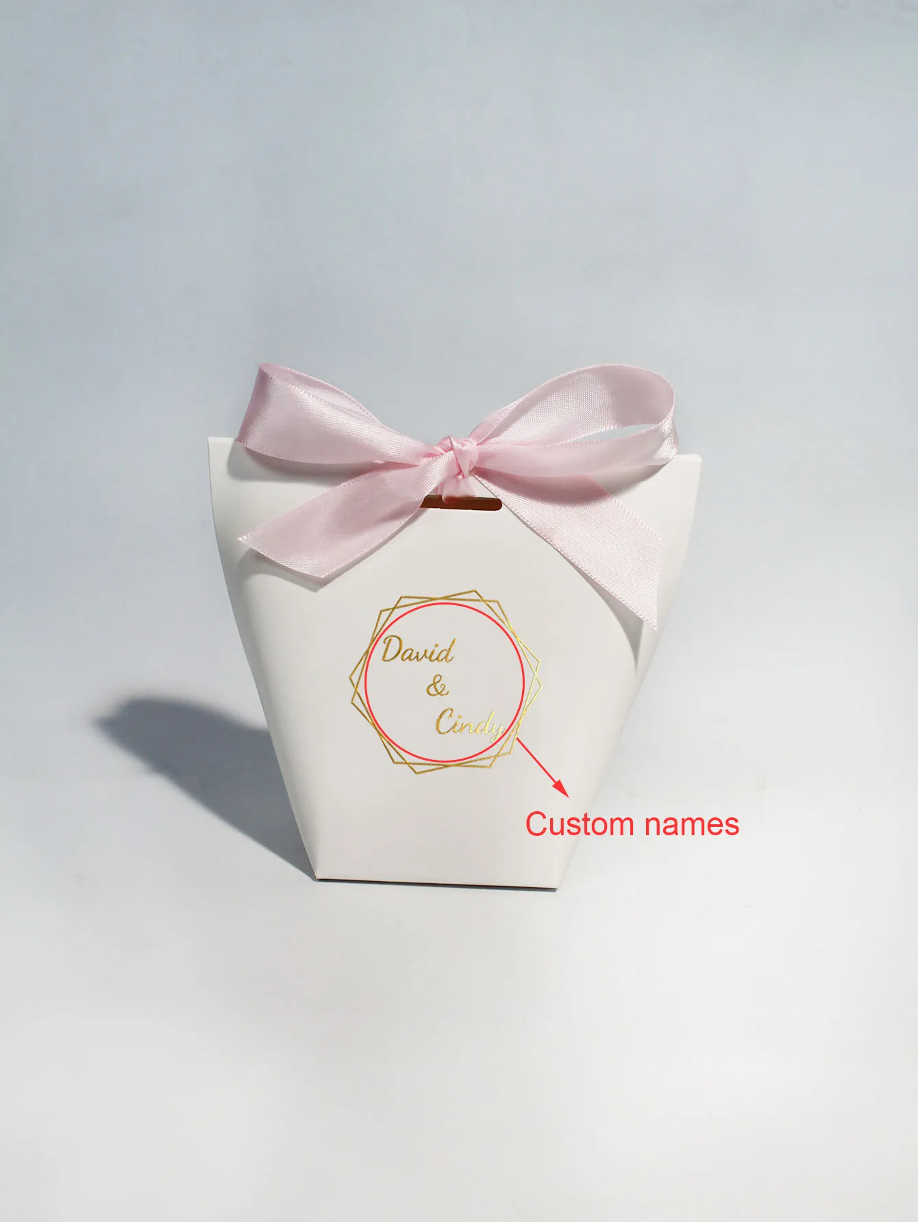 Personalized Mini Gift Boxes with Gold white pink Ribbon, \'David & Cindy\' Custom Name Option, Perfect for Wedding Favors