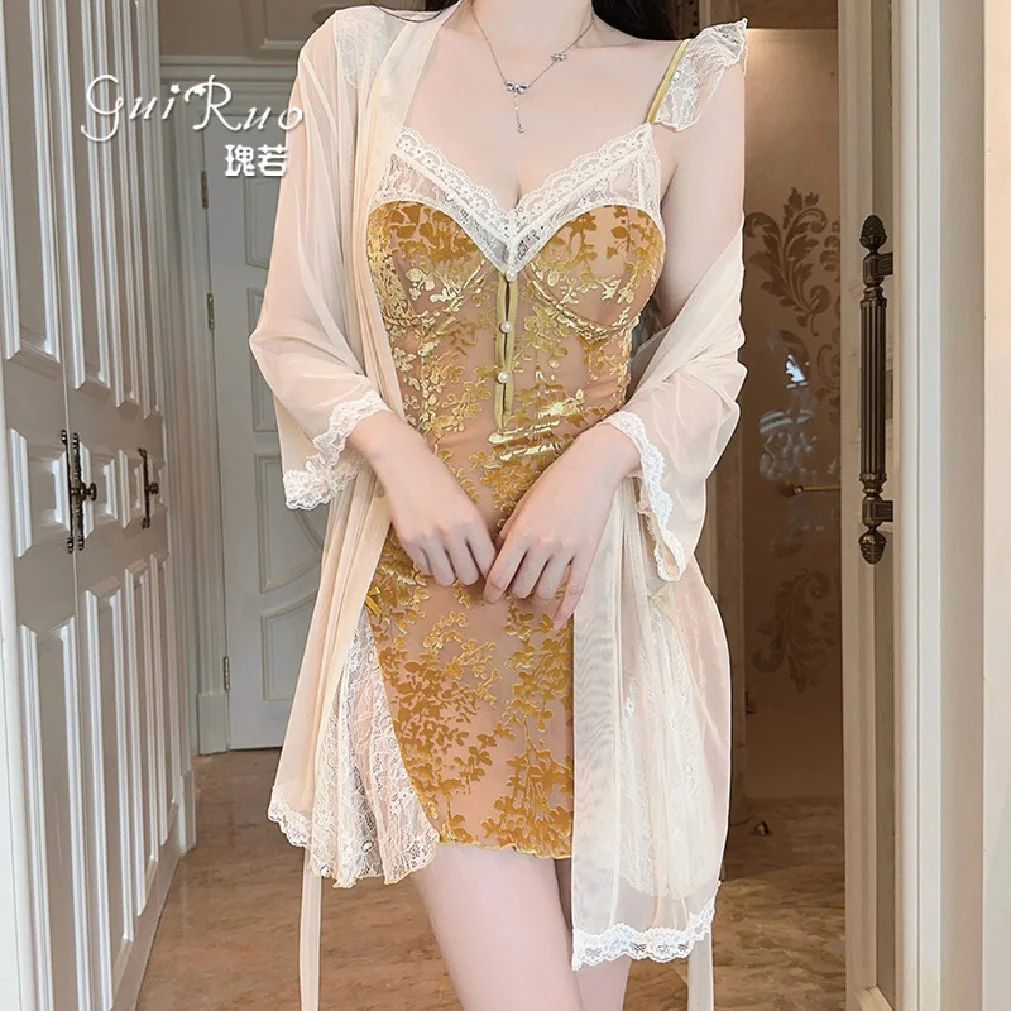 

Luxurious Comfortable Velvet Sleepwear Sweet Lace Push-Up Bra Pad Sleep Dress