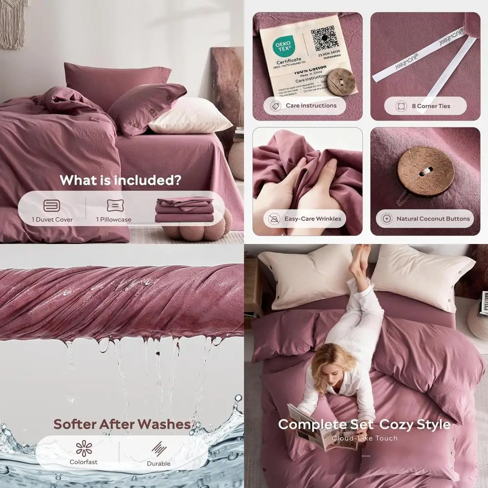 

Комплект пододеяльников Twin Size из 100% хлопка - дышащий лен, натуральная жатка, застежка на пуговицах, глубокий розовый цвет, 68x90 дюймов