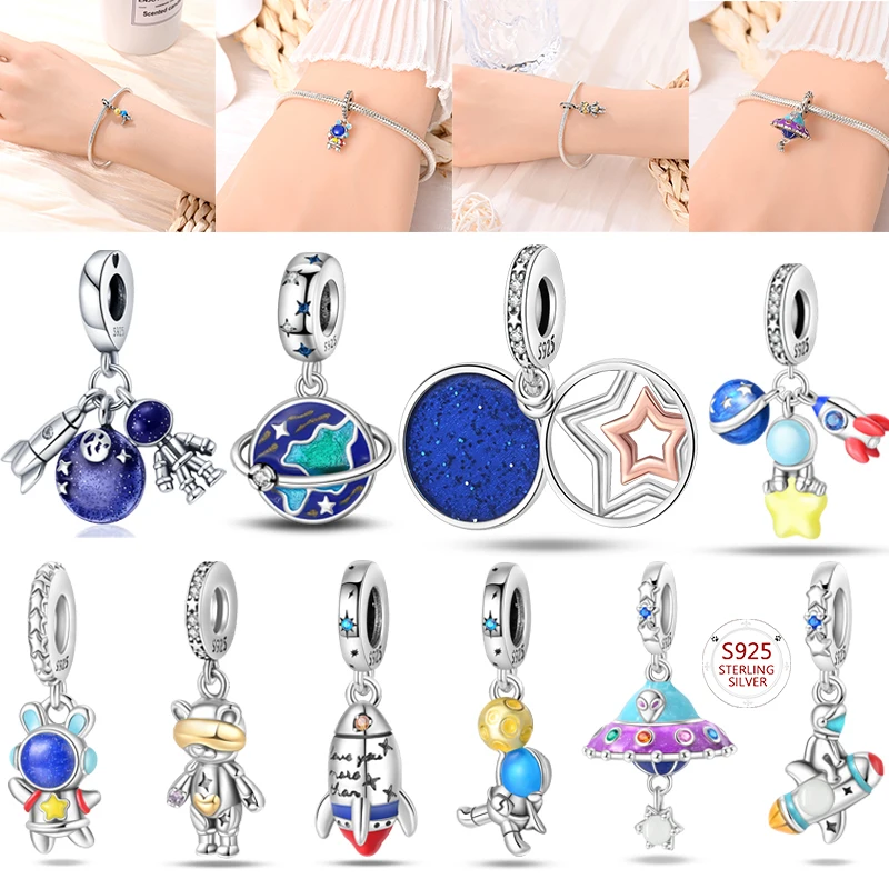 

Оригинальные бусины-шармы из стерлингового серебра 925 пробы, 100% космический корабль, космонавт, циркон, подходят для женского браслета, подарок для изготовления ювелирных изделий своими руками