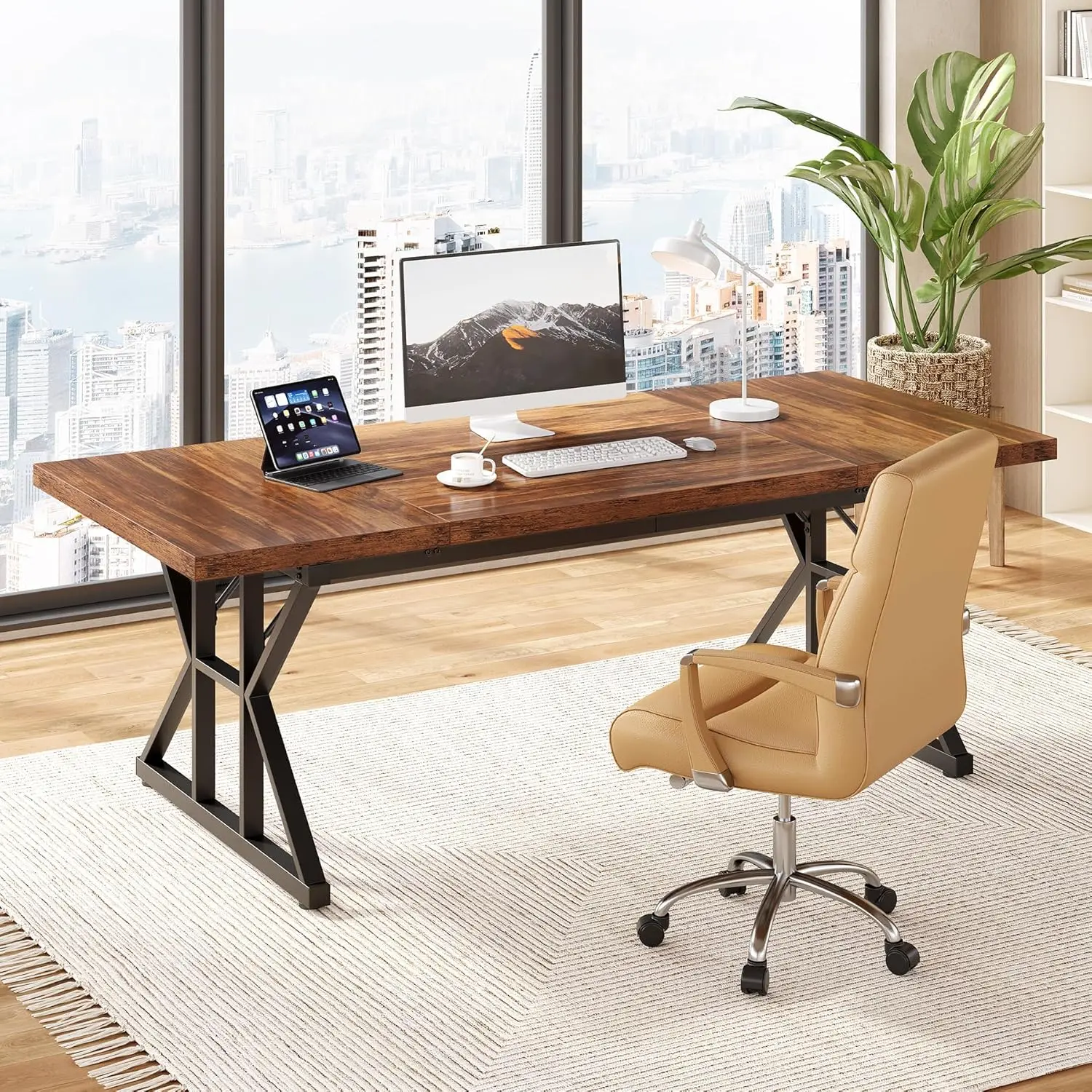 70.8-Inch Wooden Executive Office Desk, Modern Farmhouse Writing Table Computer Desk for Home in Brown-Black