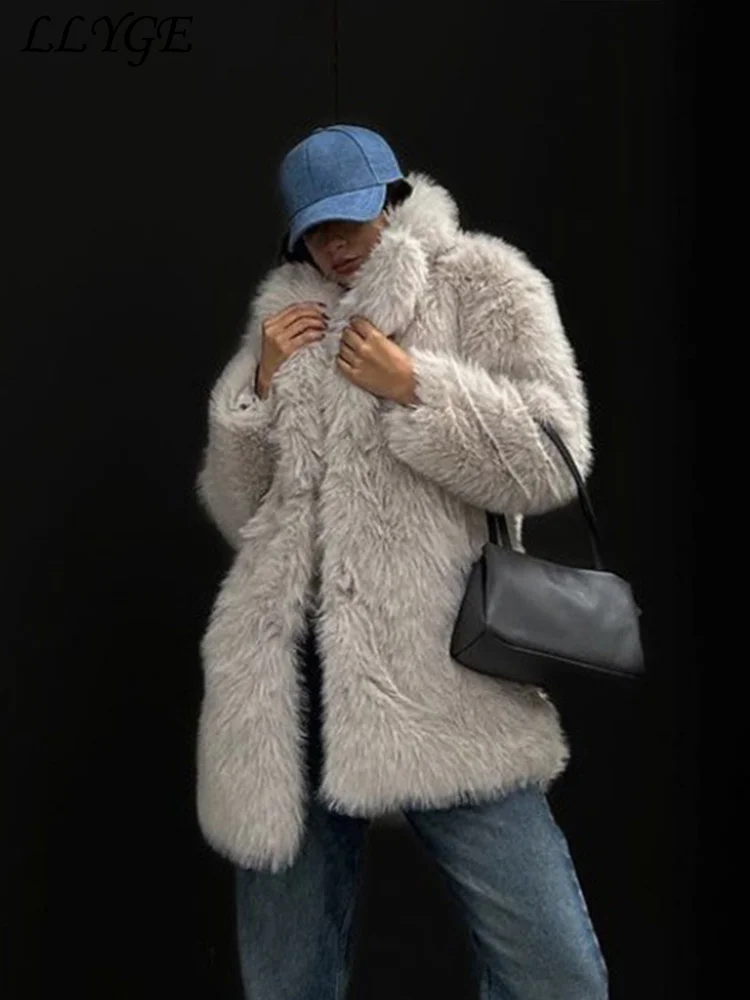 Straße Kunst pelz Lang mantel Frauen lose Revers volle Ärmel Tasche pelzigen Mantel 2024 Herbst Winter warme Dame Luxus Plüsch Outwear