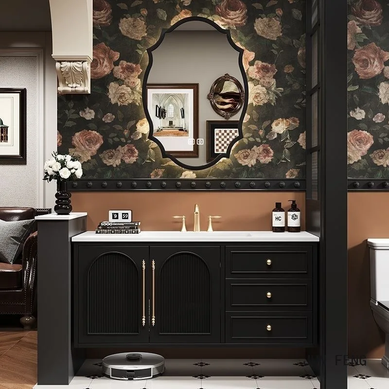 French retro bathroom cabinet, washstand, rock slab hot bending integrated basin