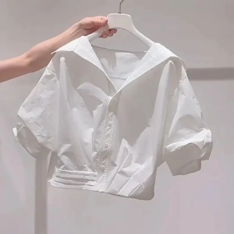 Fanan 2026 Summer New Lapel Bubble Sleeve Shirt Women Loose Fit Cropped Top Fem…