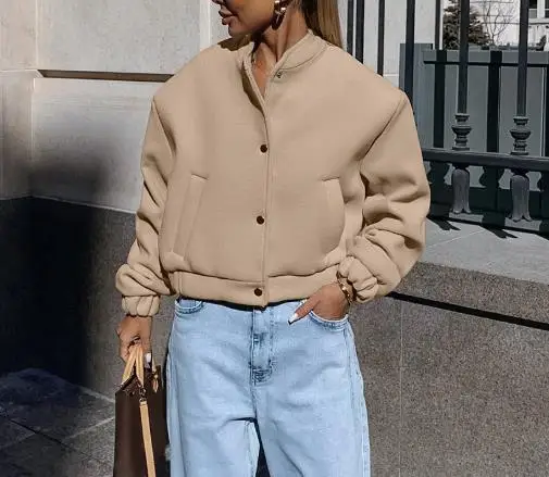 

Women's Jacket 2025 Autumn/winter Flight Jacket Fashion Khaki Thick Small Stand Collar Woolen Coat Commuter Casual Jacket