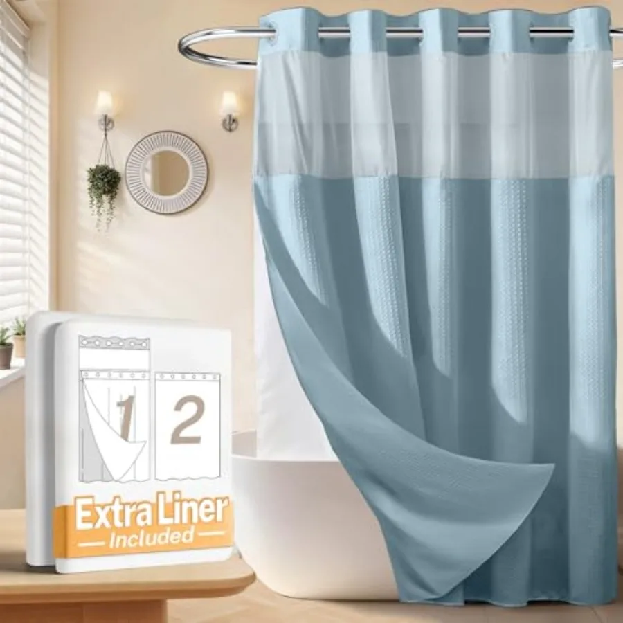 

No Hooks Waffle Weave Shower Curtain with Snap in Liner + an Extra Replacement Liner Bathroom Curtains Shower Set - 71W x 74H H