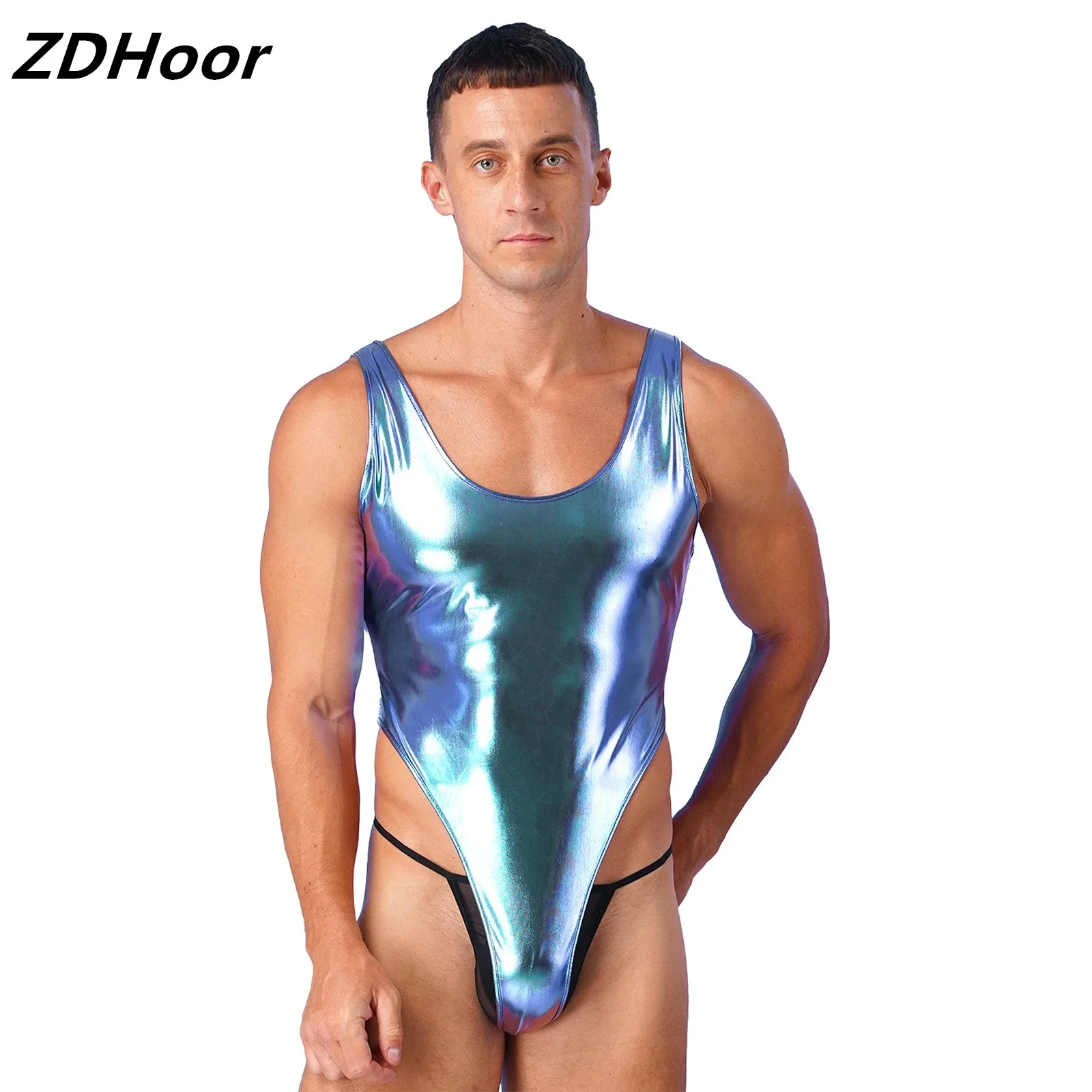 

Mens Fashion One-piece Swimsuit Sleeveless High Cut Wetlook Faux Leather Stretch Leotard Bodysuit Bathing Suit