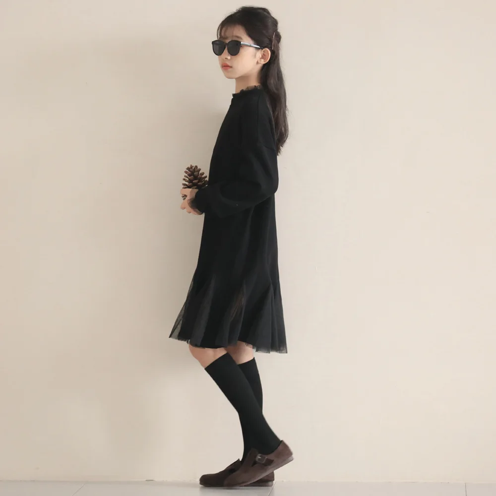 2024 Autumn Winter Children Girl Dress Junior Girl Round Neck Slimming Black Fake Two-piece Spliced Mesh Velvet Dress For Girls