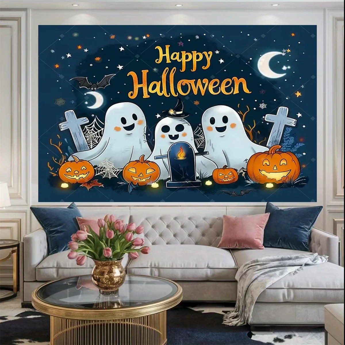 Fröhlicher Halloween-Hintergrund mit Neon-Kürbis, Fledermaus, Totenkopf und Friedhof, Fotografie-Hintergrund, Halloween-Party Fotokulisse, Dekorationsbanner, Geschenk – Detail 9