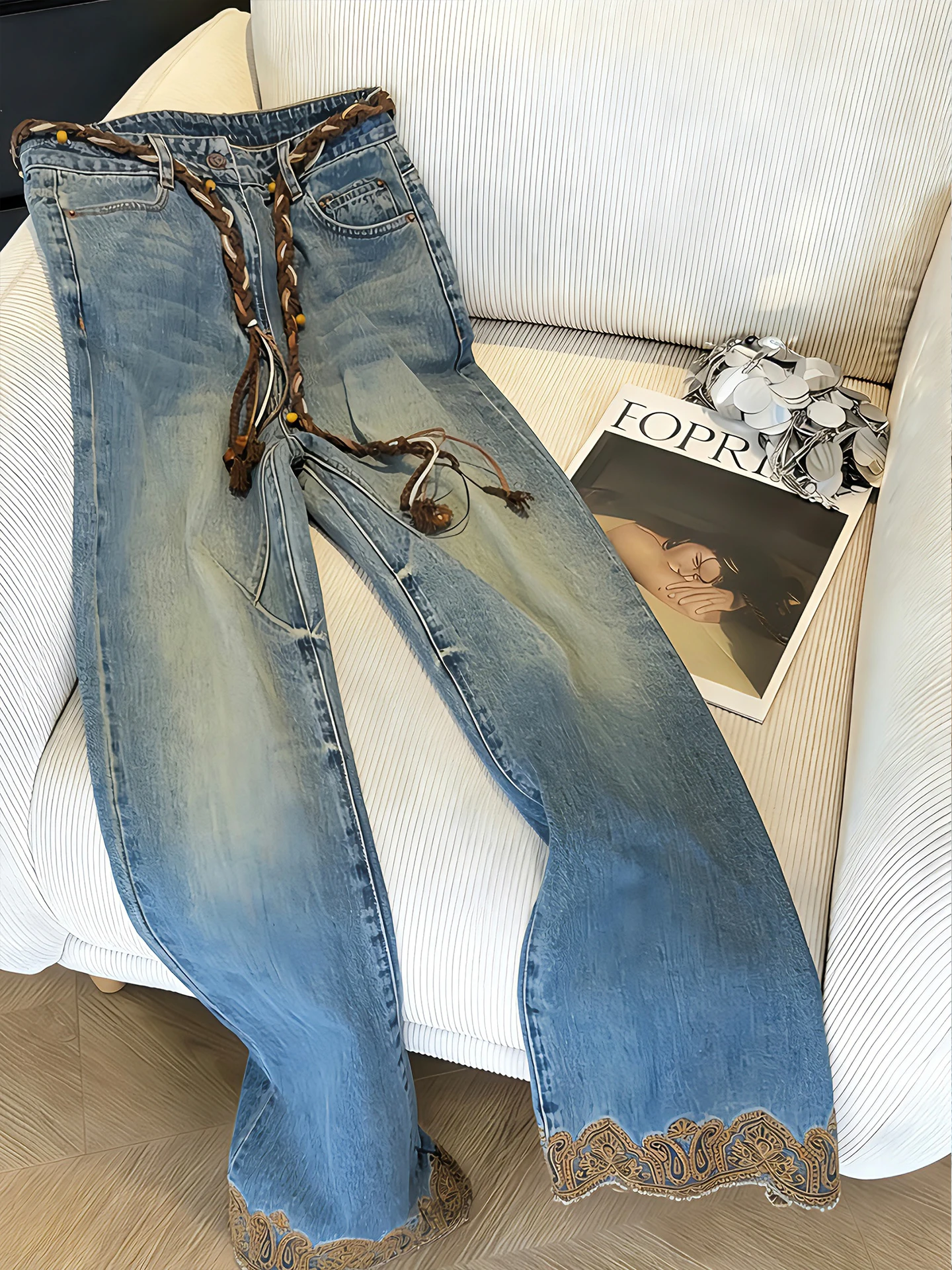 

Расклешенные джинсы с высокой талией и вышивкой в стиле ретро, женские повседневные широкие брюки, модные утягивающие джинсы на весну и осень