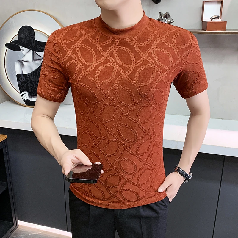 

Эластичная повседневная футболка, мужская одежда, 2025 г., корейская роскошная мужская футболка с коротким рукавом, мягкие удобные футболки, облегающая базовая футболка для мужчин