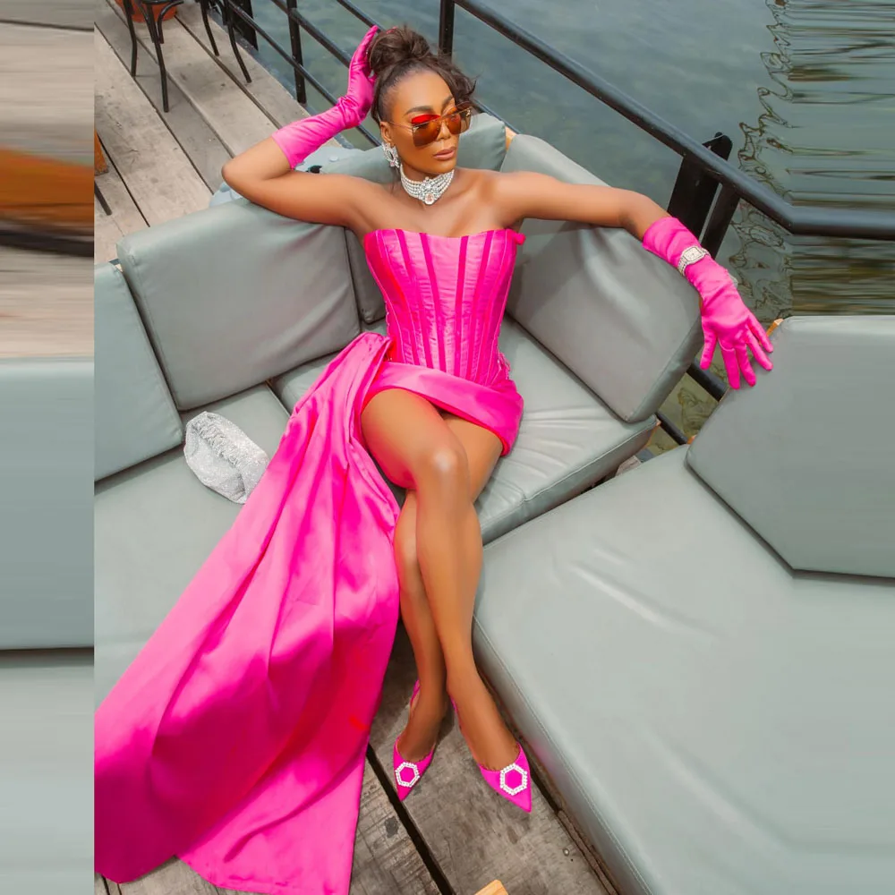 

Fuchsia Mermaid Cocktail Dresses With Side Train Exposed Borning Black Girls Above Knee Short Homecoming Dress Girls Prom Gowns