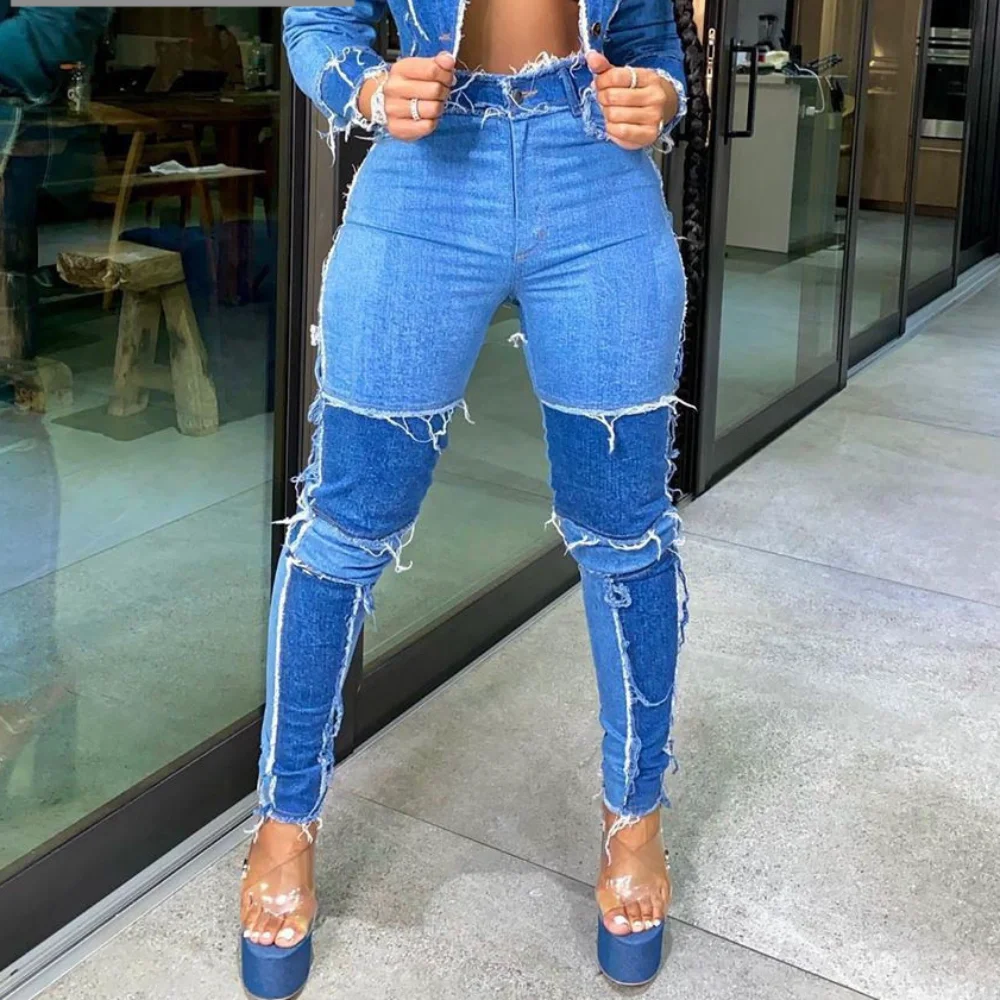 

Meqeiss Patchwork Tight Casual Women Trousers Hip Hop Slim Fashion Jeans 2020 Autumn Korean Streetwear Version Denim Cargo Pants