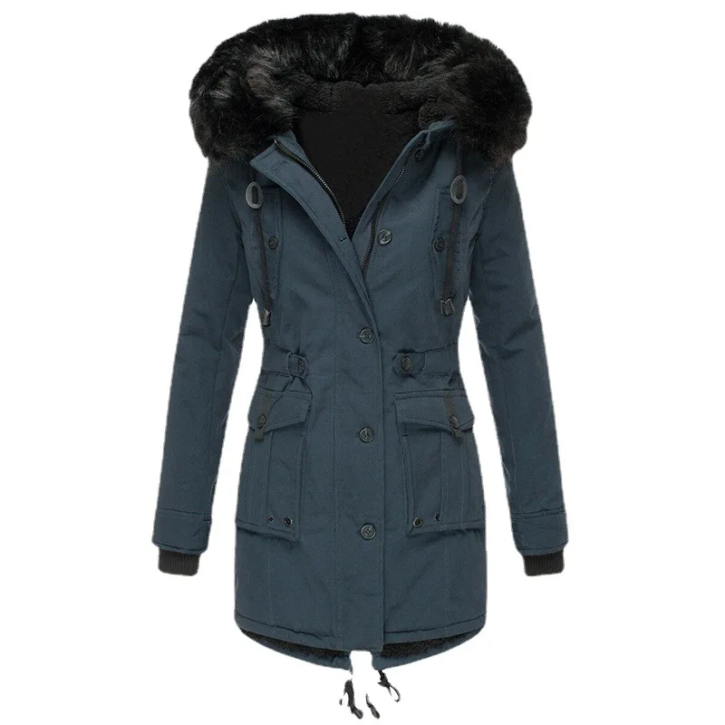 Winter Fur Collar Hooded Cotton Jacket Outwear Women Loose Solid Down Coat Puffer Jacket Thick Warm Fleece Lined Padded Parka