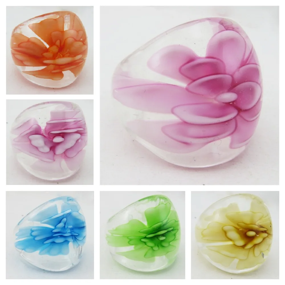 Fashion Transparent Glass Ring Handmade Colored Flower Liuli Finger Ring For Women Jewelry Girls Gift