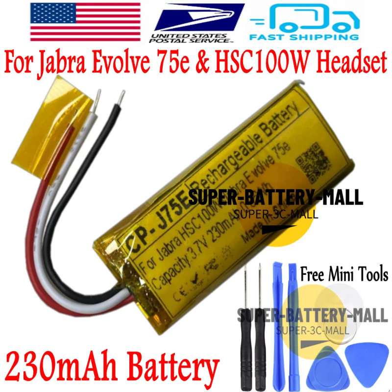 Batterie de remplacement 230mAh pour Jabra Evolve 75e 7 pour casque Bluetooth HSC100W